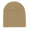 A beige knitted beanie cap with a cuffless design, featuring a textured finish.