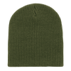 An olive green cuffless watch cap with a simple knitted texture and a rounded top, featuring a logo.