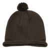 A brown beanie with a pom-pom on top and a folded cuff, featuring a logo.