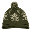 A green beanie with a snowflake pattern and a pom-pom on top, featuring a fold-up brim.