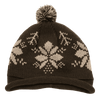 A brown beanie with a snowflake pattern and a pompom on top, featuring a folded brim and a logo.