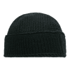 A black knitted beanie with a simple, rounded design. Features a rolled cuff and textured stitching.