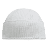 A white knitted beanie with a rounded top and a fold-over cuff, featuring a branding logo.