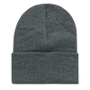 A long beanie in a dark grey hue, featuring a folded cuff at the bottom. It has a plain design and a logo.