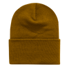 A long beanie in a warm mustard yellow colour with a folded brim and textured knit.
