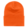 An orange long beanie with a folded cuff, made of a soft, textured fabric.