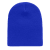A blue beanie featuring a ribbed texture, designed as a snug fitting hat. It has a branding logo.