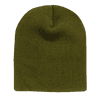 An olive green short beanie with ribbed texture and a rounded top, featuring a logo on the side.