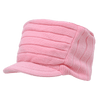 A pink knitted flat top cap with a visor, featuring a textured ribbed design. It has a branding logo on it.