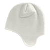 A white beanie with a helmet-like design, featuring a snug fit and a small top point.