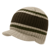 A striped beanie hat featuring beige and dark brown colours with a green stripe, designed for warmth and style.