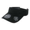 A black dimple patterned sun visor with a wide brim and adjustable band. Features branding and product details.