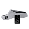 A grey visor with a dimple pattern, featuring a branded tag and black accents.