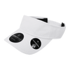 A white sun visor with a dimple pattern and branding, featuring a wide brim and a textured design.