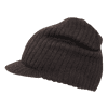A black beanie hat with a ribbed texture and a small, stiff brim. It has a simple design and a snug fit.