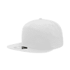A white 7 panel high profile structured cap with a flat brim, featuring a logo on the underside.