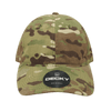 A camouflage cap in shades of green and brown, featuring a circular logo on the front.
