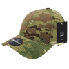 A camouflage cap in shades of green and brown, featuring a logo and a tag attached.