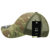 A camouflaged green trucker cap with a mesh back and a tag attached.