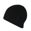 A black knitted beanie with a textured cable design and a rounded shape, featuring a logo on the side.