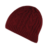 A red knitted beanie with a cable pattern and a snug fit. It features textured detailing and a rounded top.