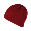 A red knitted beanie featuring a cable-knit pattern and a logo on the side.