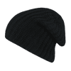A slouchy beanie in a deep black colour, featuring a textured knit design. The product has a logo.