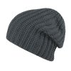 A grey knitted beanie with a textured pattern, featuring a slouchy design. It has a small logo on the side.