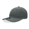 A grey perforated cap with a relaxed fit, featuring six panels and a curved brim. It has a logo.