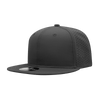 A grey 6 panel high profile cap with perforated sides and a flat brim, featuring a logo on the front.