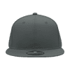 A grey 6 panel high profile cap with perforated sides and a flat brim, featuring a logo on the front.