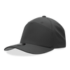 A black 7 panel perforated cap with a smooth front and ventilated sides. It features a logo on the side.