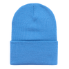 A light blue watch cap with a cuff. The knit material offers a snug fit and includes a logo.