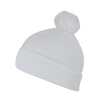 A white acrylic beanie with a pom pom on top, featuring a knitted texture and a folded cuff.