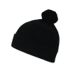 A black acrylic beanie with a fluffy pom pom on top, featuring a ribbed texture.