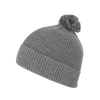 A grey acrylic beanie featuring a pom pom on top and a ribbed texture. It has a branded logo.