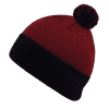 A red and navy beanie featuring a pom pom on top and a fold-over cuff. It has a logo on the cuff.