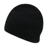 A black knitted beanie with a textured pattern, featuring a logo on the side.