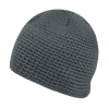 A grey knitted beanie with a smooth texture, featuring a simple design and a rounded top.