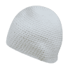 A white beanie with a textured knit design, featuring a logo on one side.