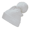 A white beanie with a large pom pom on top, featuring a knitted texture and a folded brim.