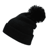 A black beanie with a large pom-pom on top, featuring a ribbed cuff. It has a logo on its side.