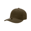 A structured mid-profile cap in olive green with a curved brim and a branded tag on the side.