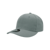 A grey structured cap featuring a mid-profile design and a branded tag.