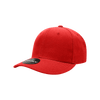 A red structured cap with a mid-profile and six panels, featuring a logo on the side.