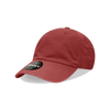 A relaxed, low-profile six-panel cap in a rich red colour with a branding tag.