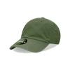 A relaxed low profile cap in olive green with a circular logo on the front.