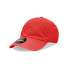 A red youth 6 panel low profile relaxed cap with a logo on the front.