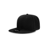 A black high-profile structured snapback cap with a flat brim and a logo on the front.