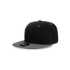 A black and grey snapback cap with a structured high profile and a logo on the front.